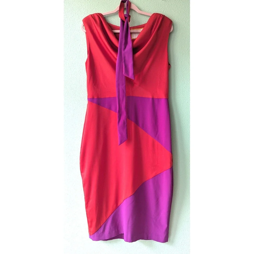 Julie Caulfield Ireland Tomato Red Purple Colorblock Cowl Neck Sheath Midi Dress